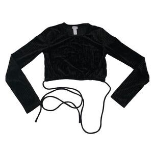 West Of Melrose Women’s velvet Ribbed crop top Tie Waist Long Sleeve Black Small